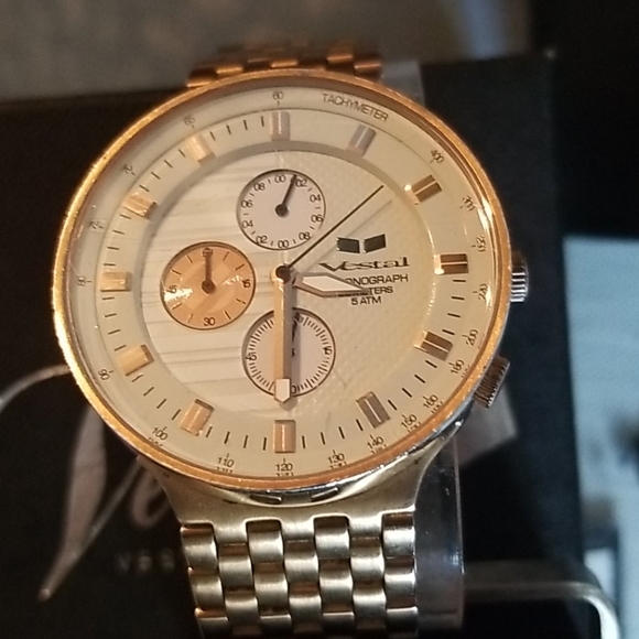 Vestal Surveyor Chronograph Quartz Unisex Golden Wrist Watch Japan Mvmt - Picture 3 of 16